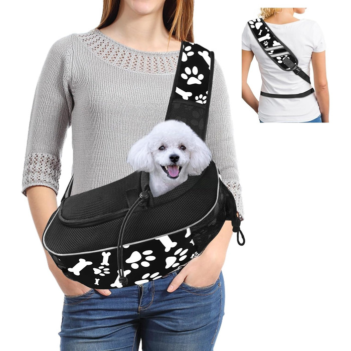 Трапельник для собак та котів, чорний, з регульованим ремінцем, для тварин до 5 кг, принт 'Лапи та кістки'