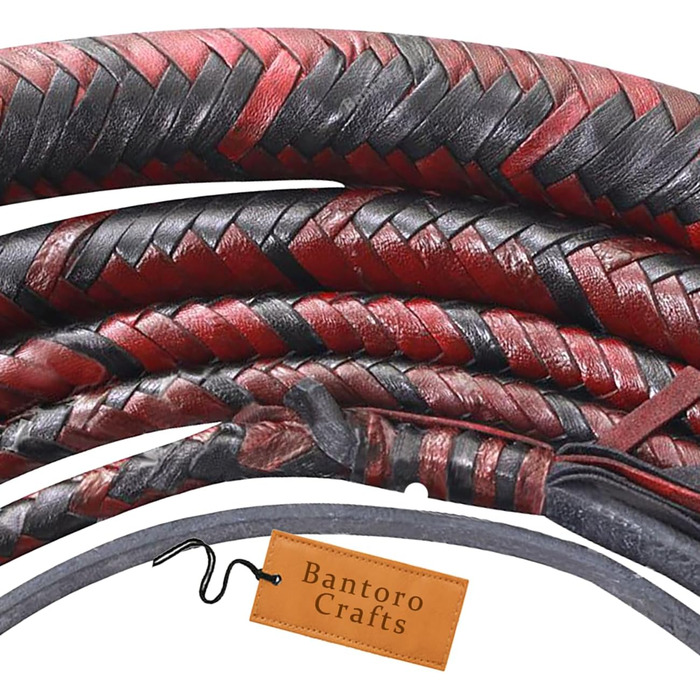 Бантаро Крафтс: Батогом з кенгурячої шкіри, чорно-чорний, важкий батіг для биків, 16 плетінь, шкіряний живіт та внутрішнє шкіряне наповнення, гучний, ударний, 1,8 метра (6 футів)