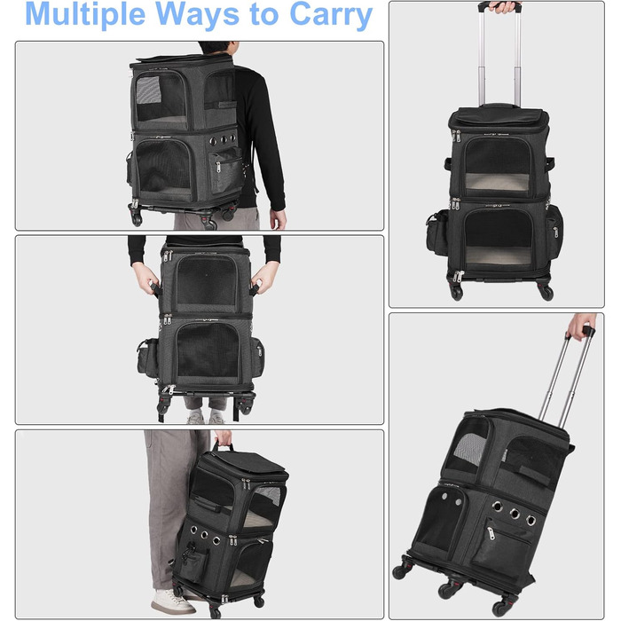 Трансформер-переноска для котів та собак, рюкзак-переноска на колесах для 2 тварин, чорний, для подорожей та до ветеринара