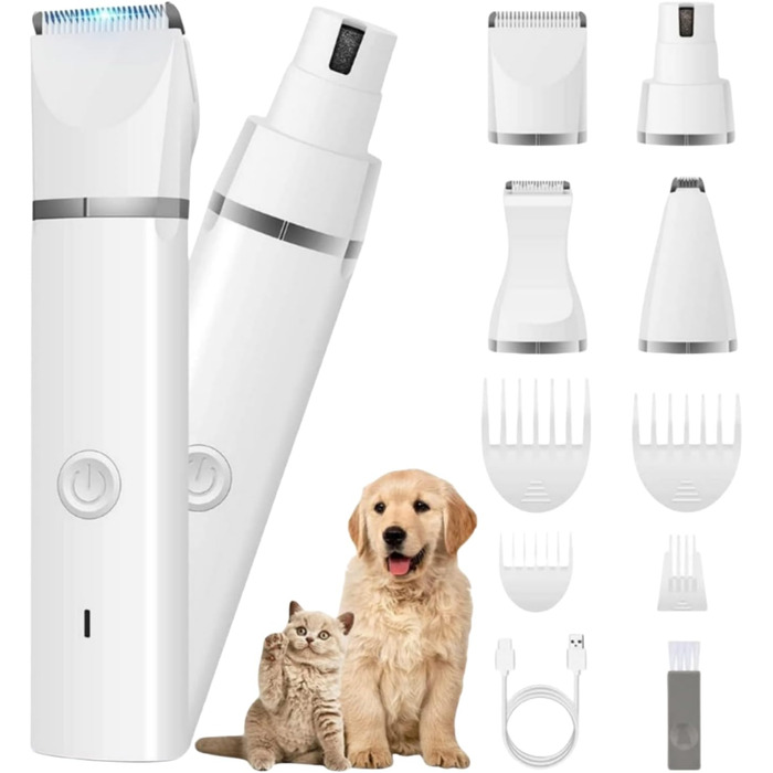 Машинка для стрижки собак та котів Dr. Pfoten MultiTrim Pro 4-в-1 - тиха, професійна, водонепроникна (IPX7), з 4 насадками, для догляду за лапами, біла