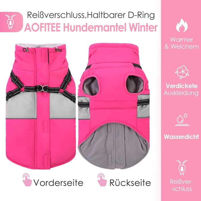 Водонепроникний теплий зимовий одяг для собак AOFITEE, рожевий, XS/S/M, з жилетом, блискавкою та флісовою підкладкою, для маленьких собак