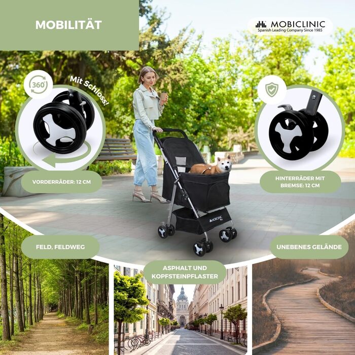 Візок для собак Mobiclinic® Pets, чорний, до 15 кг, з великим кошиком, 3 вікна, гальма, тримач для напоїв