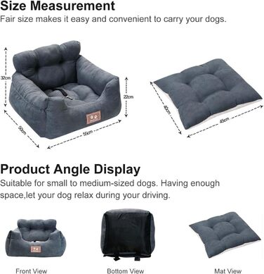 PETCUTE: Зручний автокрісло для собак, сірого кольору. Безпечний кріплення, знімний килимок, кишені для зберігання. Підходить для маленьких собак