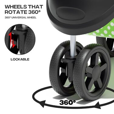 Візок для тварин: для собак та котів, 3 колеса, складний, з кошиком та тримачем для напоїв (зелений з візерунком)