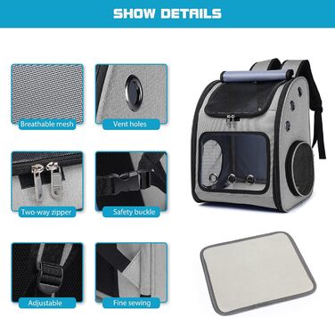 PETCUTE Рюкзак для собак і котів, дихаючий, знімний килимок, складаний, регульований, сірий