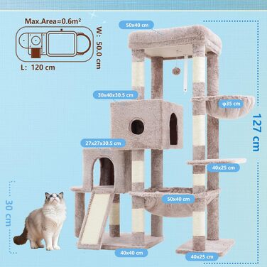 Котячий будиночок Hey-brother Kratzbaum з великими платформами для великих котів, 127 см, з драбиною, 2 печери, гамак, сизаль, кошик, MPJ071W (пісочний)