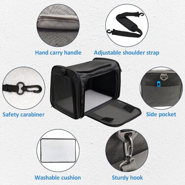 Транспортна сумка для котів та собак Kathson, схвалена авіакомпаніями, складна, чорна, до 6,8 кг