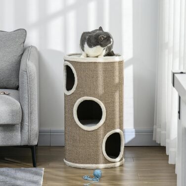Котячий будиночок-кіготьочка PawHut 70 см, 3 рівня, ігровий комплекс з трьома отворами, сизаль, плюш, коричневий