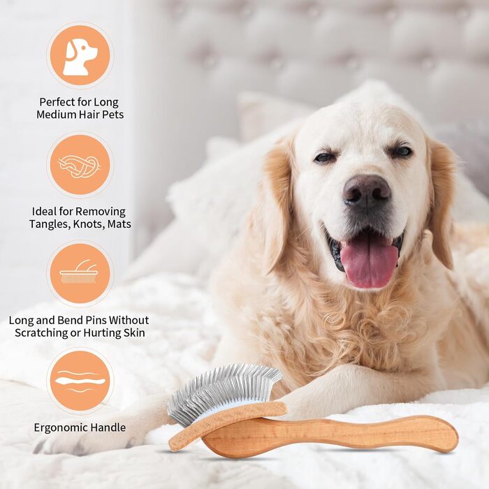 Гребінець для собак з дерев'яною ручкою Slicker для середніх та великих порід (Голден Ретрівер, Лабрадор, Пудель, коти з довгим хутром), видаляє відмерле та підшерсток, з гребінцем – Дуб