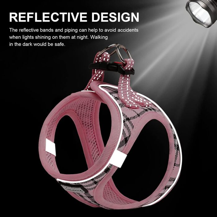 Нашийник для собак маленьких порід з повідком, анти-тягнучий, світловідбиваючий, дихаючий, нагрудник для цуценят (S, обхват грудей: 29-33см) (Рожевий в клітинку, XL (обхват грудей: 46-53см, вага: 8-10.5кг))