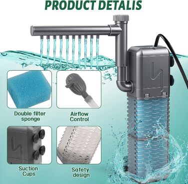 EXLECO Фільтр для акваріума 9W, 800 л/год, вбудований фільтр з 2 змінними губками, регульований фільтр для акваріумів 20-50л, фільтр-насос для акваріумів з розпилювачем