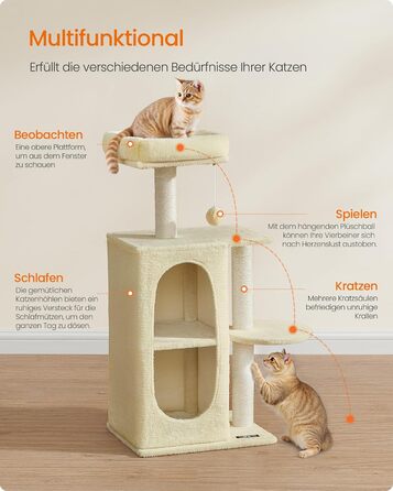 Дряпка для котів Feandrea, кігтеточка з 2 будиночками, кігтеточки, для багатокотових сімей, кошенят, PCT005G01 (пісочно-бежевий)