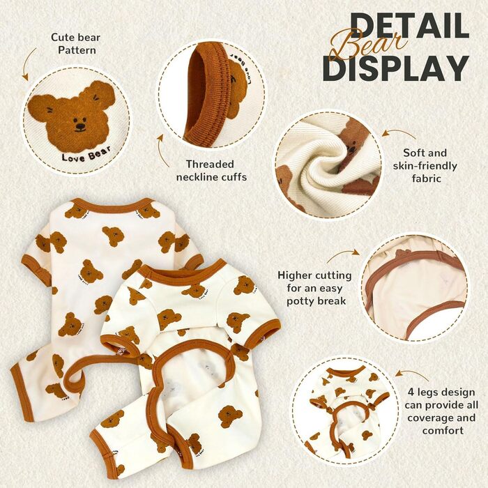 Піжама для собак AXIIJGL, бавовна, еластична, цільнокроєна, зручна, для маленьких собак, милий ведмедик, принт, для французького бульдога (Large, довжина спини 27 см), рожево-біла