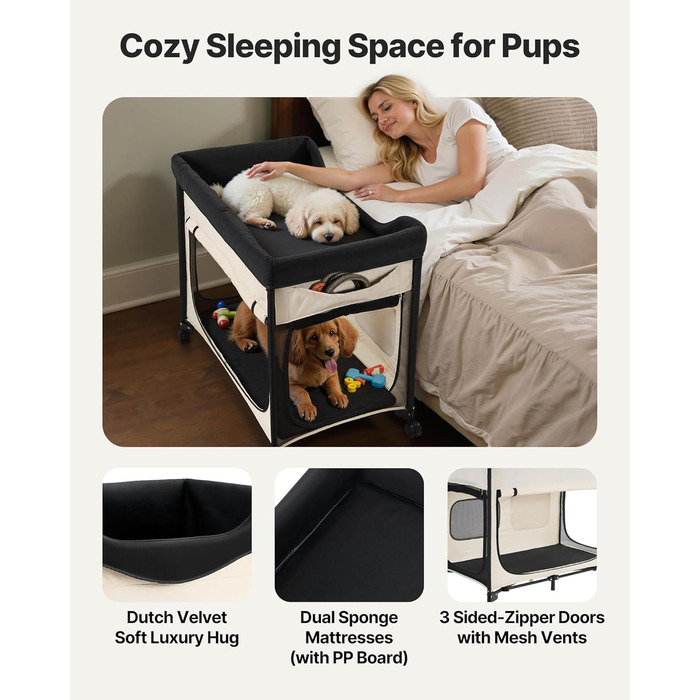 Підвищене ліжко для домашніх тварин VEVOR (XL), складне ліжко для собак з тканини 600D Oxford та голландського оксамиту, портативне дитяче ліжко з колесами та боковими кишенями, бежеве