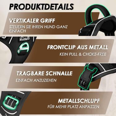 Шлейка для собак великих порід, анти-тяга, з 2 карабінами та зручною ручкою, регульована та світловідбиваюча, з м'якою підкладкою, для щоденних тренувань (Чорний, L)