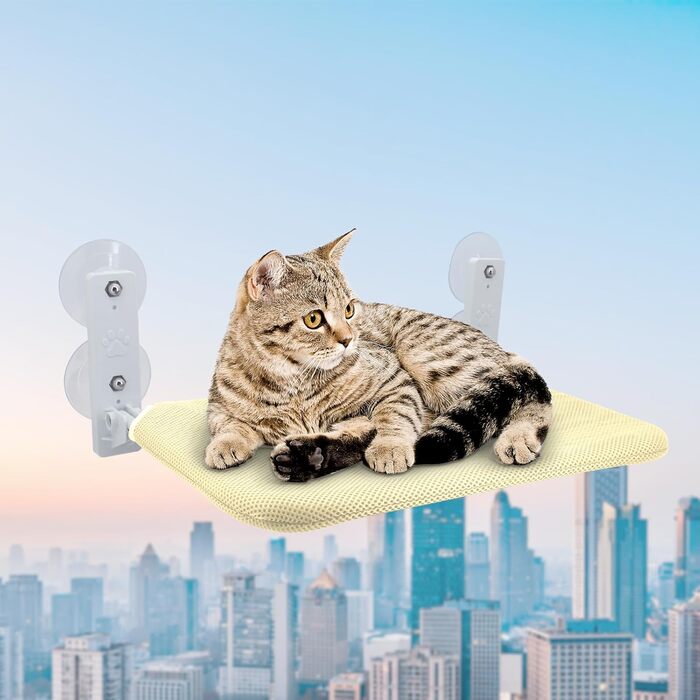 Крісло-гамак для котів Gearific на вікно, розкладне, з 4 присосками, міцним каркасом та дихаючою сіткою (Бежевий, 45 x 30 см)