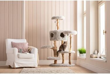 Dehner Premium Котячий Когтеточка-дерево Lovely, для великих і малих котів, із дерева, плюшу та сизалю, з будиночком, стійка, сучасна, світло-сіра, 80x164x60 см