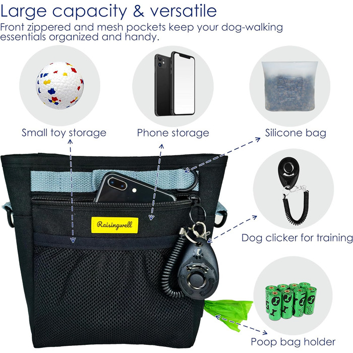 Сумка для ласощів для собак, багатофункціональна сумка для прогулянок з силіконовим кишеньком, мішок для корму для дресирування собак та дозатор ласощів, ідеальна для активного відпочинку на природі (Чорний, 4 відділення)
