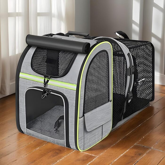 Висувний рюкзак для котів | Транспортна сумка для котів – переноска для тварин, розширювана, дихаюча, складна, для подорожей, піших прогулянок, транспортування (Сірий з зеленими краями)