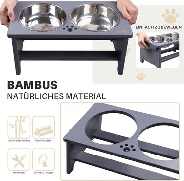 Підвищені годівниці для собак HTB, бамбук, 2 миски з нержавіючої сталі, 44x24x18 см, 18 см висота, сірий колір