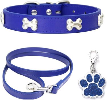 Нашийник для собак з натуральної шкіри, поводок Cobo Set, набір для малих та середніх собак та котів (L, блакитний)