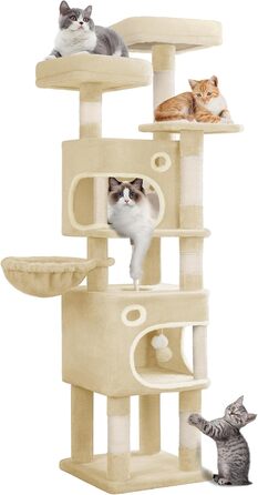 Драбина-кіготь для котів Hzuaneri, 159 см, з 8 стовпчиками, 3 платформами, 2 хованками, кошиком, плюшевими кульками та мотузкою з сизалю. Підходить для котів різних розмірів. MS15918LG (Бежевий)