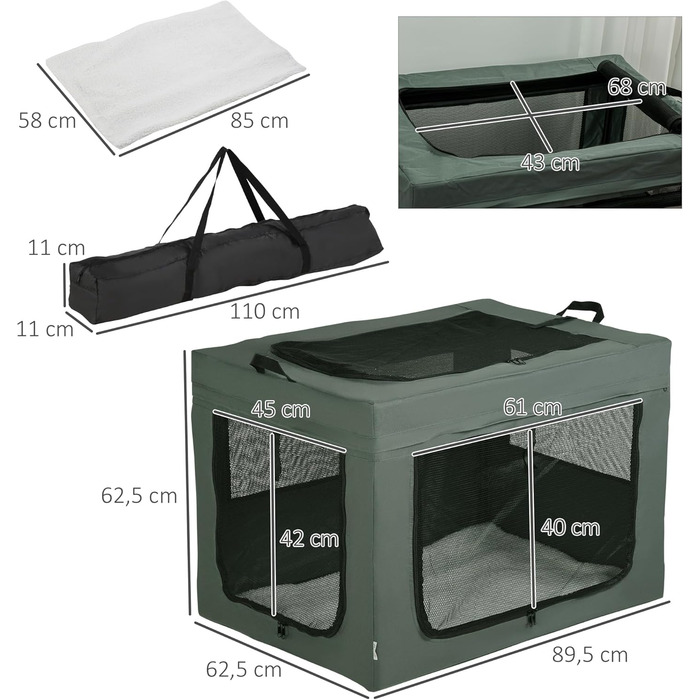 Транспортна сумка для тварин PawHut, складна, сіра та чорна, 90 x 63 x 63 см