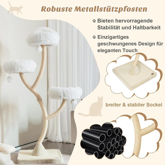 Дерев'яна кігтеточка FANTASK 178 см з 3 лежаками, бежева, велика кігтеточка для котів з м'ячиками та сизалевими стовпчиками, металевий каркас