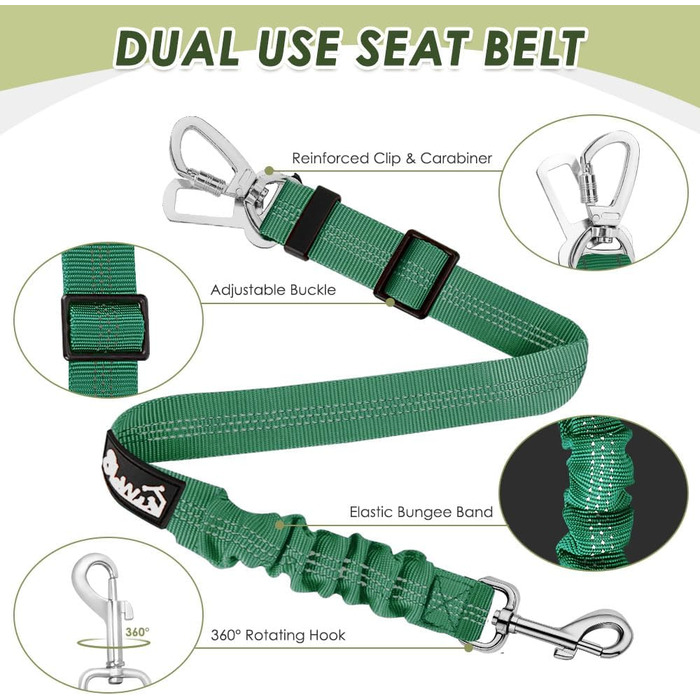 Ремінь безпеки для собак Lukovee в авто: м'який, дихаючий, з кріпленням для автомобіля (B8, зелений, великий)