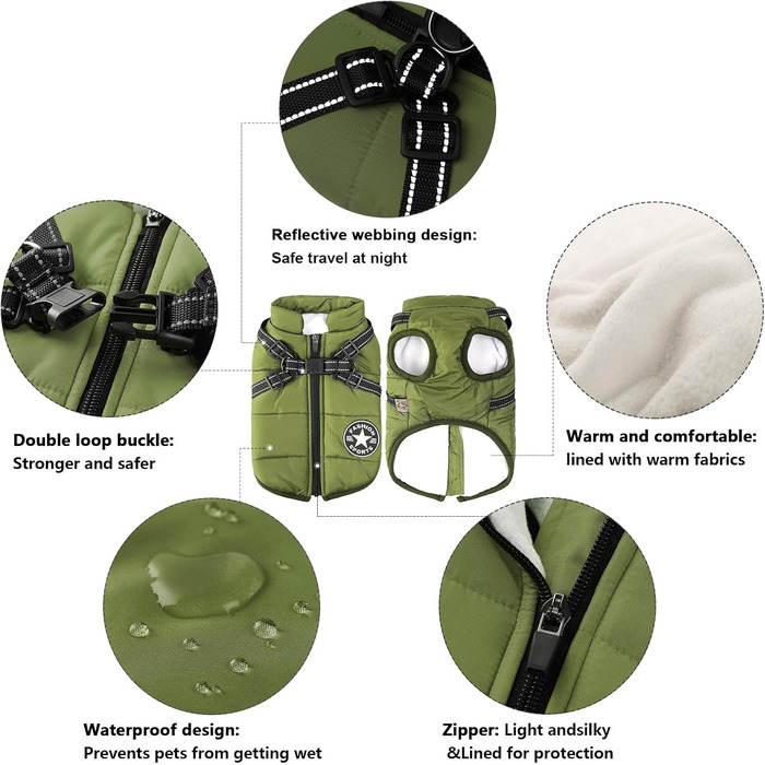 Зимова куртка для собак Aiboria: вітронепроникна, водонепроникна, 2-в-1, тепла, зелена, для цуценят та малих порід