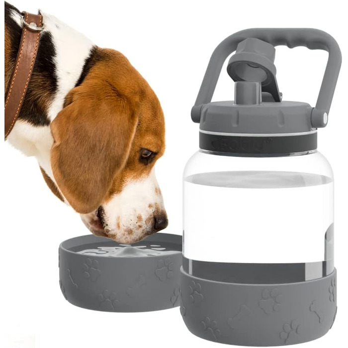 Asobu Barkley - Поїлка з мискою для собак, 1 л, Tritan, сіра | Для піших прогулянок, спорту та фітнесу