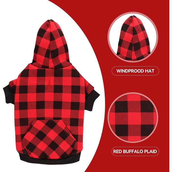 Пуловер для собак, червоний, в клітинку Buffalo Plaid, теплий та м'який, дихаючий, зручний, з капюшоном, для великих собак, з кишенею (XXL)