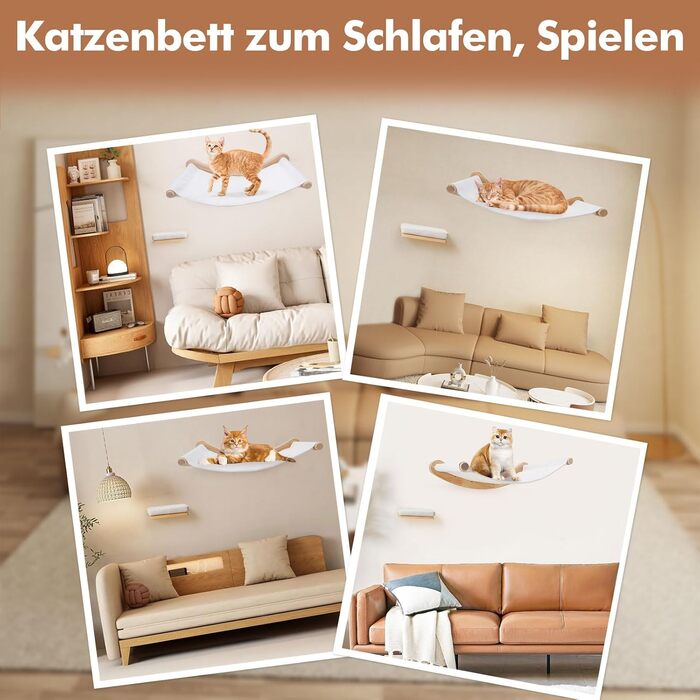 Підвісна лежанка для котів на стіну, набір для лазіння з масиву дерева з котячою сходинкою - стійке котяче ліжко, економне котяче меблеве рішення для сну, лазіння та відпочинку (підвісна лежанка + 2 сходинки)