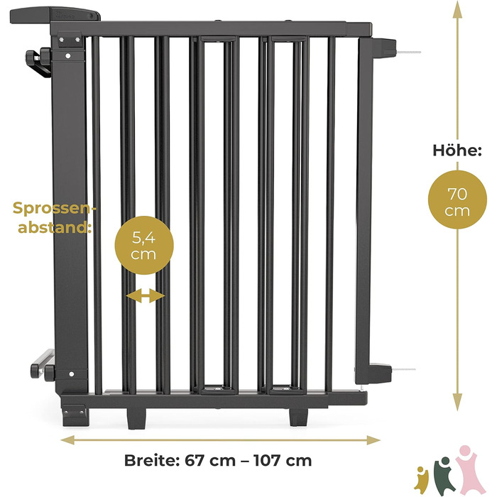 Безпечне ворота Geuther Oris для сходів | Дерев'яне захисне ворота для дітей, чорний колір, 67-95 см, з кріпленням для поручнів