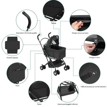 Дитячий візок для тварин BAKAJI 2 в 1, 40 кг, складний, знімний капюшон, візок для собак та котів з кошиком для зберігання (Чорний)