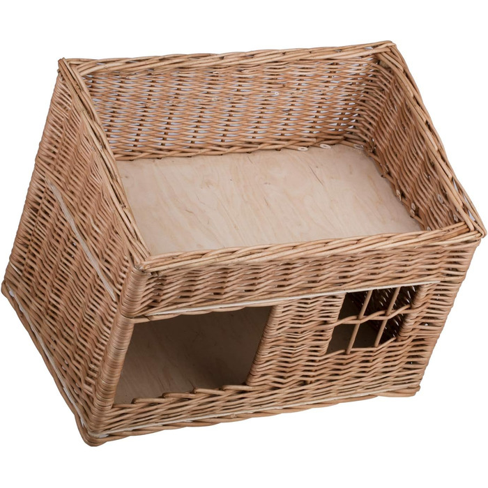 Двоярусна котяча хатинка з плетіння з лози, котячий кошик, хатинка для котів з подушкою та вікном (бежевий, натуральний)