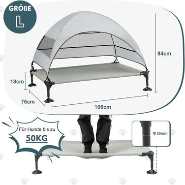Лежанка для собак Snagle Paw з дахом, підвищене ліжко - стабільне собаче ліжко з антиковзкими ніжками, широка тінь - водонепроникна для великих собак в приміщенні/на вулиці, кемпінг та сад (Сірий, L106 x B76 x H84 см)