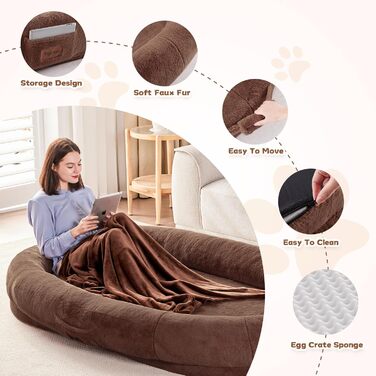 Людина-собака: велике ліжко-мішок для дорослих, 180x122x25 см, з ковдрою, знімний матрац з memory foam, овальне ліжко