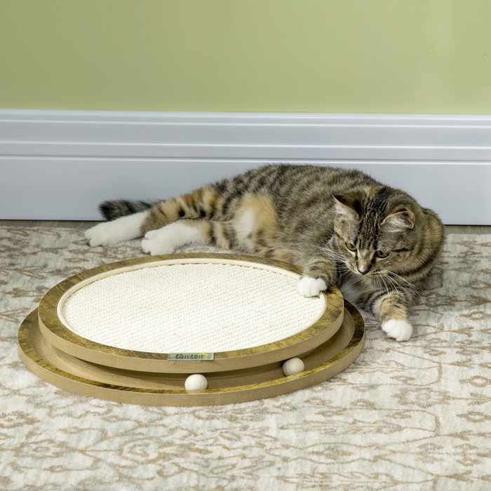 PawHut Scratching Board Ігровий майданчик для кішок з двошаровим дизайном та ігровим м'ячем, Ø40x4,5 см, коричневий та кремово-білий для котів
