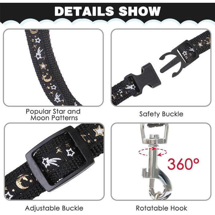 Шлейка для кота PAWCHIE з повідком та нашийником, вихідний замок, регульована, світиться в темряві, для кошенят, прогулянки на вулиці, чорний, середній