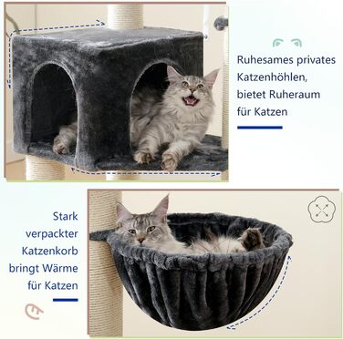 Кігтеточка XXL для мейн-куна, 168 см, з гамаком, сизаловим стовпом (φ11 см), коморою, корзиною, 2 платформами, EMPJ01M (димно-сірий)