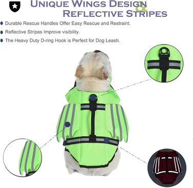 Рятувальний жилет для собак з плавниками, для собак з проблемами підборіддя, легкий та безпечний для водних видів спорту, жилет для собак з ручкою та світловідбиваючими елементами для малих, середніх та великих собак (L, Зелений)