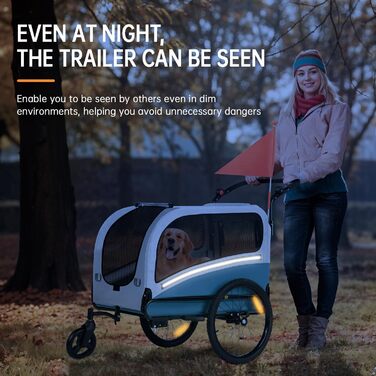 2-в-1 Велосипедний причіп для собак XXL, складаний з дахом, відбивачі та світловідбиваючі смуги, універсальне з'єднання, регульована ручка (Синій)