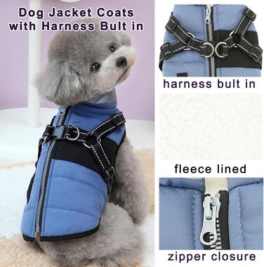 Зуена Тепла куртка для собак на зиму з поворотком для шлейки, світловідбиваючі елементи, водонепроникна, флісова підкладка, XS/S, блакитна