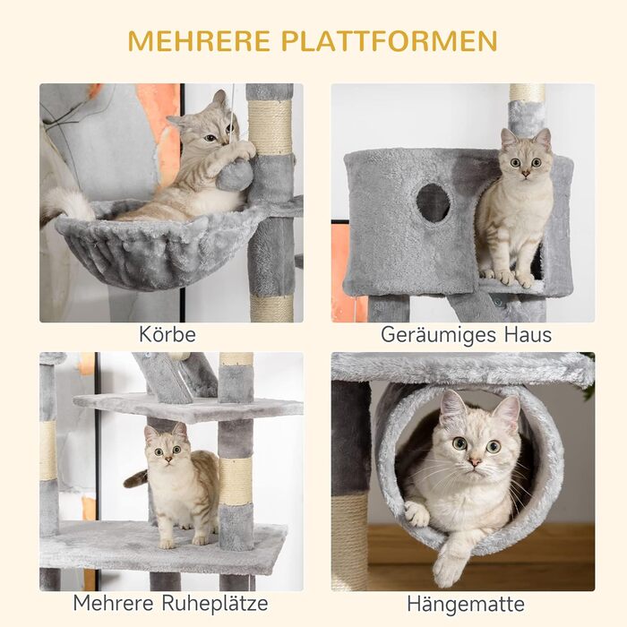 Когтеточка для великих котів PawHut 240-260 см, з сісалем, світло-сіра, під стелю, великий килимок для лазіння, ігровий комплекс для котів