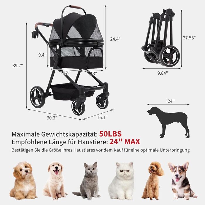 Візок для собак Zstar Hundewagen - чорний, для 2 маленьких тварин (до 15 кг), знімні сумки