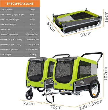 Візок для собак Tiggo VS Pets 2-в-1: візок та велосипедний причіп, великий, 270 л, до 35 кг, зелений