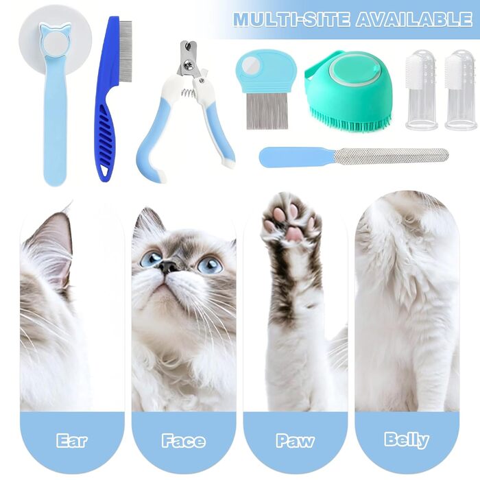 Набір для догляду за собаками та котами (8 шт.): щітка для вичісування, гребінець від випадіння шерсті та бліх, тример для нігтів з пилочкою, інструменти для миття