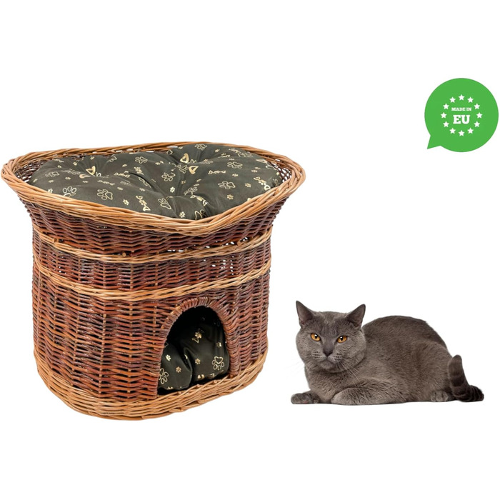 Корзина для котів, лежанка для котів - будиночок для котів, розмір 70 см, овал, кошик з лози, двоярусна лежанка для собак або котів з пральними подушками сірого кольору, лакована корзина (XL, темно-коричневі подушки)