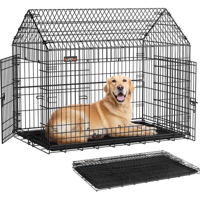 Клітка для собак Feandrea, 120 x 72,5 x 109 см, металева, XXL, для великих собак, з подвійною дверцятами, чорна, PPD015B01
